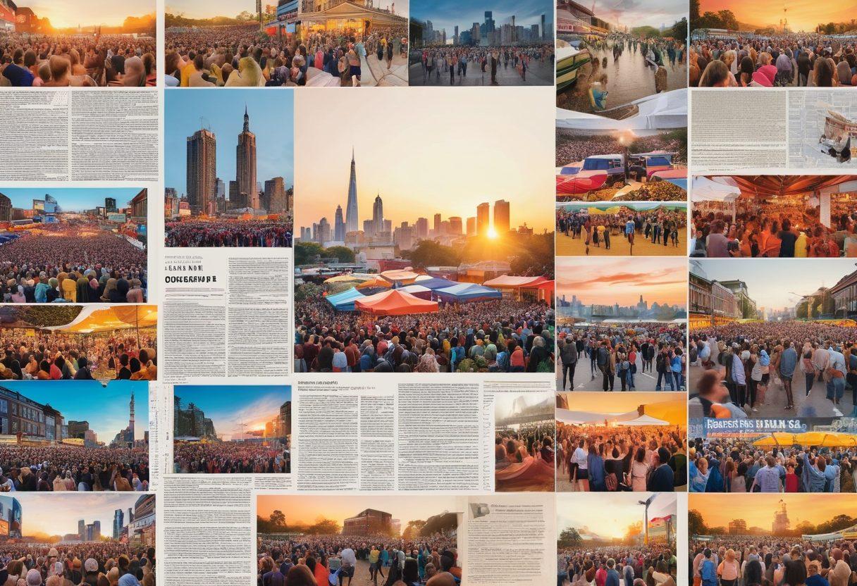 A vibrant collage featuring various local event icons like concerts, farmers markets, and street festivals, intertwined with symbols of news such as a newspaper, a smartphone displaying breaking news, and a community map. The scene should be lively and colorful, depicting excited people engaging with these events. The background should be a city skyline at dusk, with warm hues blending into cool evening tones. super-realistic. vibrant colors. white background.