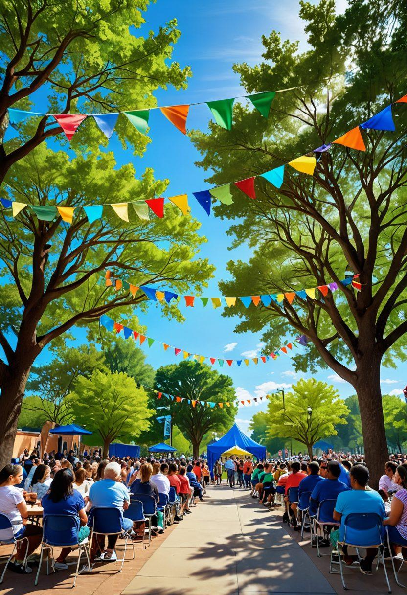 A vibrant community scene depicting diverse people engaging in conversations, sharing stories, and exchanging announcements. Include a warm, inviting park setting with colorful banners and a small podium for announcements, surrounded by trees and cheerful children playing. The atmosphere should exude connection and warmth, highlighting unity and engagement. super-realistic. vibrant colors. bright blue sky.