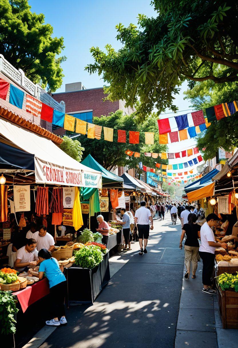 A vibrant and bustling neighborhood scene, showcasing diverse community members enjoying various local events like street fairs, open-air markets, and live music performances. Include distinct architecture and greenery to represent the local charm, with colorful banners and food stalls in the foreground. The scene conveys a sense of togetherness and culture. super-realistic. vibrant colors. sunny day.